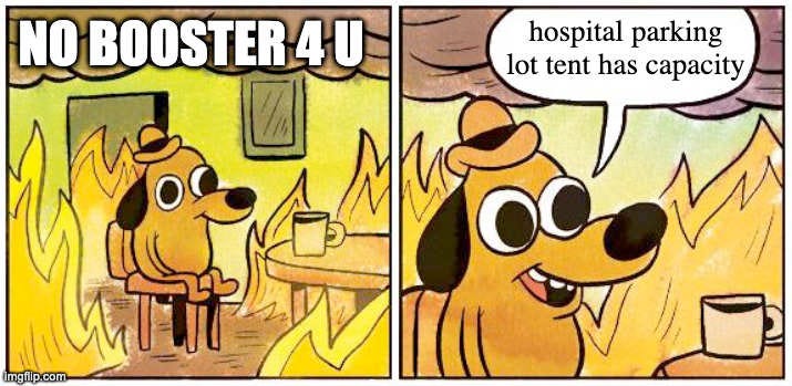 This is Fine dog meme cartoon dog sitting in a room of burning flames in the first panel the caption No booster 4 U. the second panel the dog says hospital parking lot tent has capacity