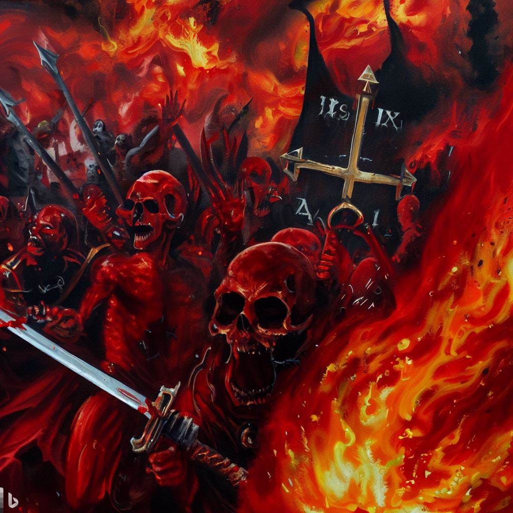 war is hell, fire, blood, demons, and death,  acrylic, realistic