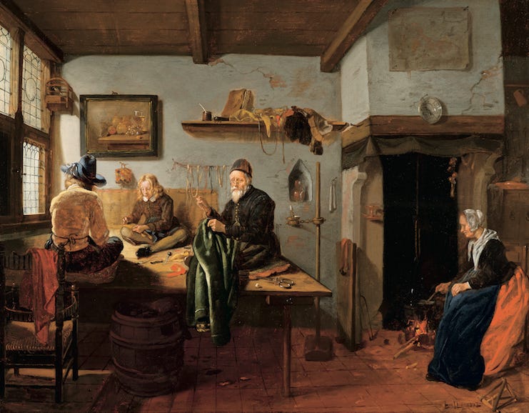 Interior of a Tailor’s Workshop by Quiringh van Brekelenkam, about 1655-1660, oil on wood, 57.5 x 73.2 cm, Montreal Museum of Fine Arts