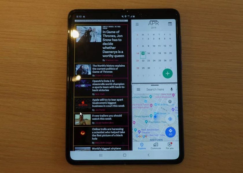 Samsung Galaxy Fold phone fully open four quadrants.