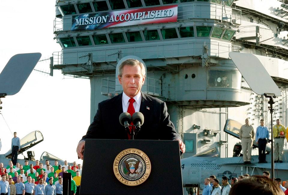 President George W. Bush declared an end of major combat in Iraq as he speaks aboard the aircraft carrier USS Abraham Lincoln off the California coast on May 2, 2003. 