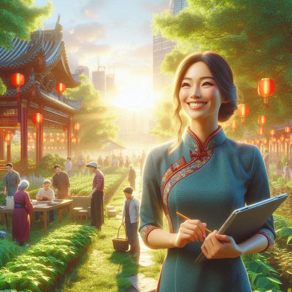 depict a vibrant beautiful radiant scene representing happy optimistic hard working productive family oriented chinese people in a lush green environment, hyperrealistic, very realistic, very very realistic, very highly detailed, very detailed faces, real world, HD Quality, 8k resolution, intricate details, incredibly detailed, crisp focus, cinematic light, digital art, depth of field, Canon EOS R camera with a 50mm f/1.8 lens, f/2.2 aperture, shutter speed