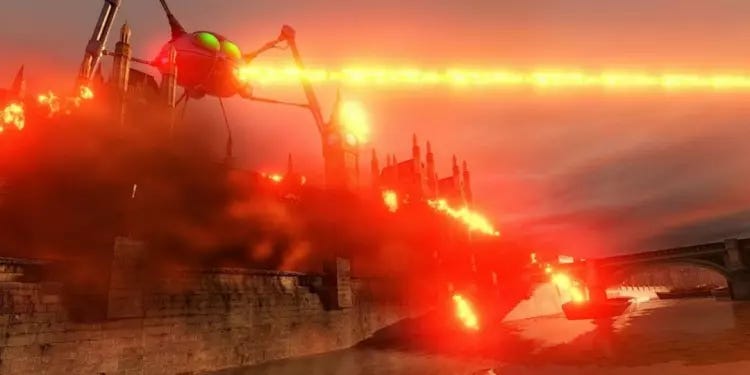 A giant Martian tripod blasts a heat ray at the Houses of Parliament