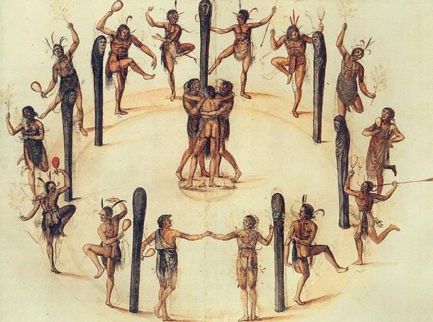 Dancing Secotan Indians in North Carolina. Watercolour painted by explorer and artist John White in 1585.