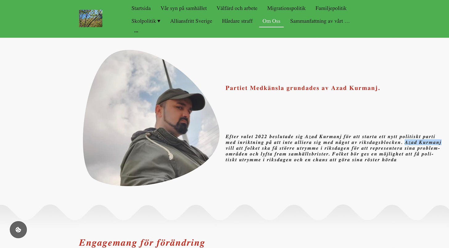 Azad Abobakry kallar sig för “Azad Kurmanj” på Partiet Medkänslas webbplats