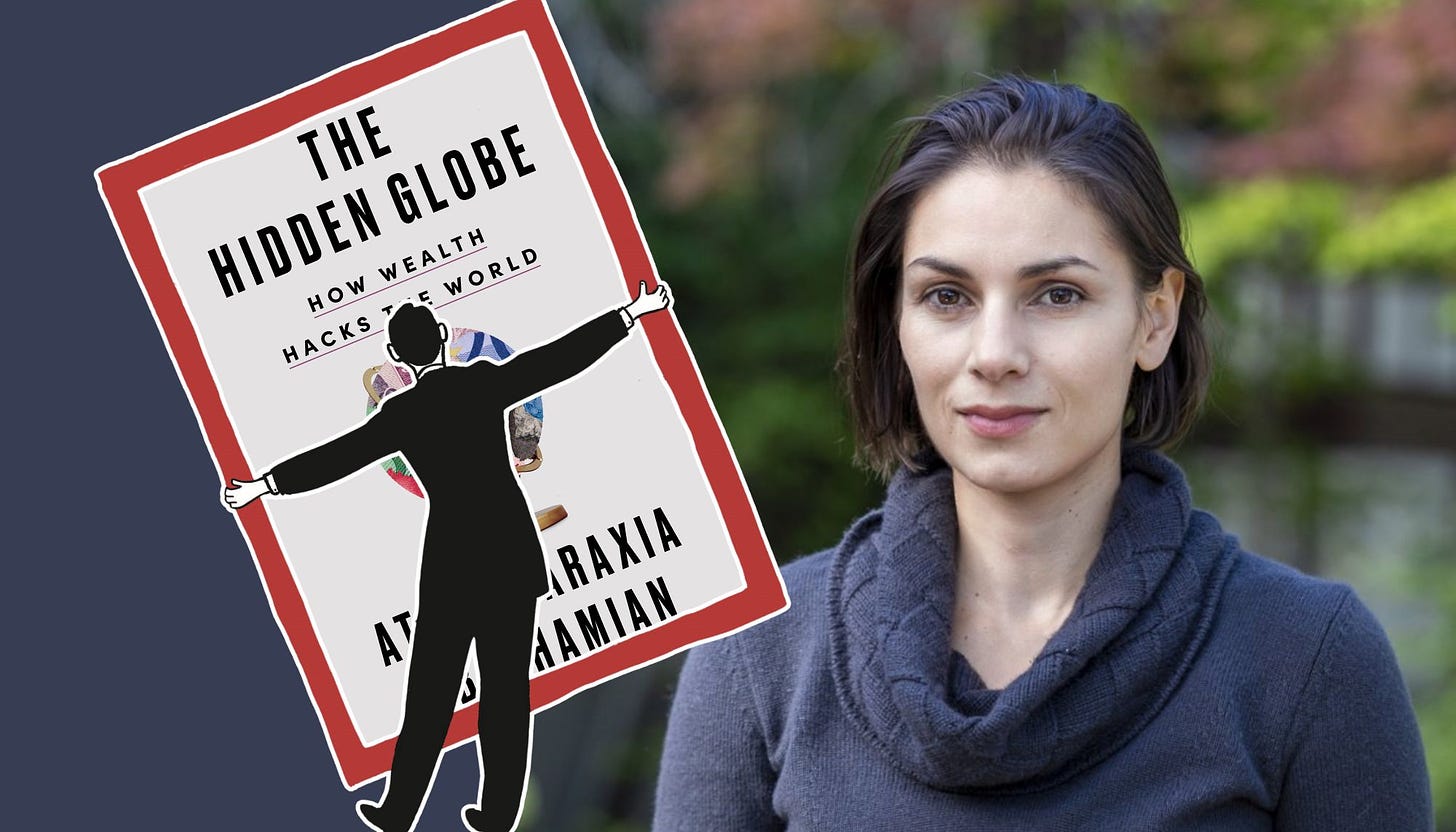 A profile photo of Atossa Araxia Abrahamian and the cover of The Hidden Globe.