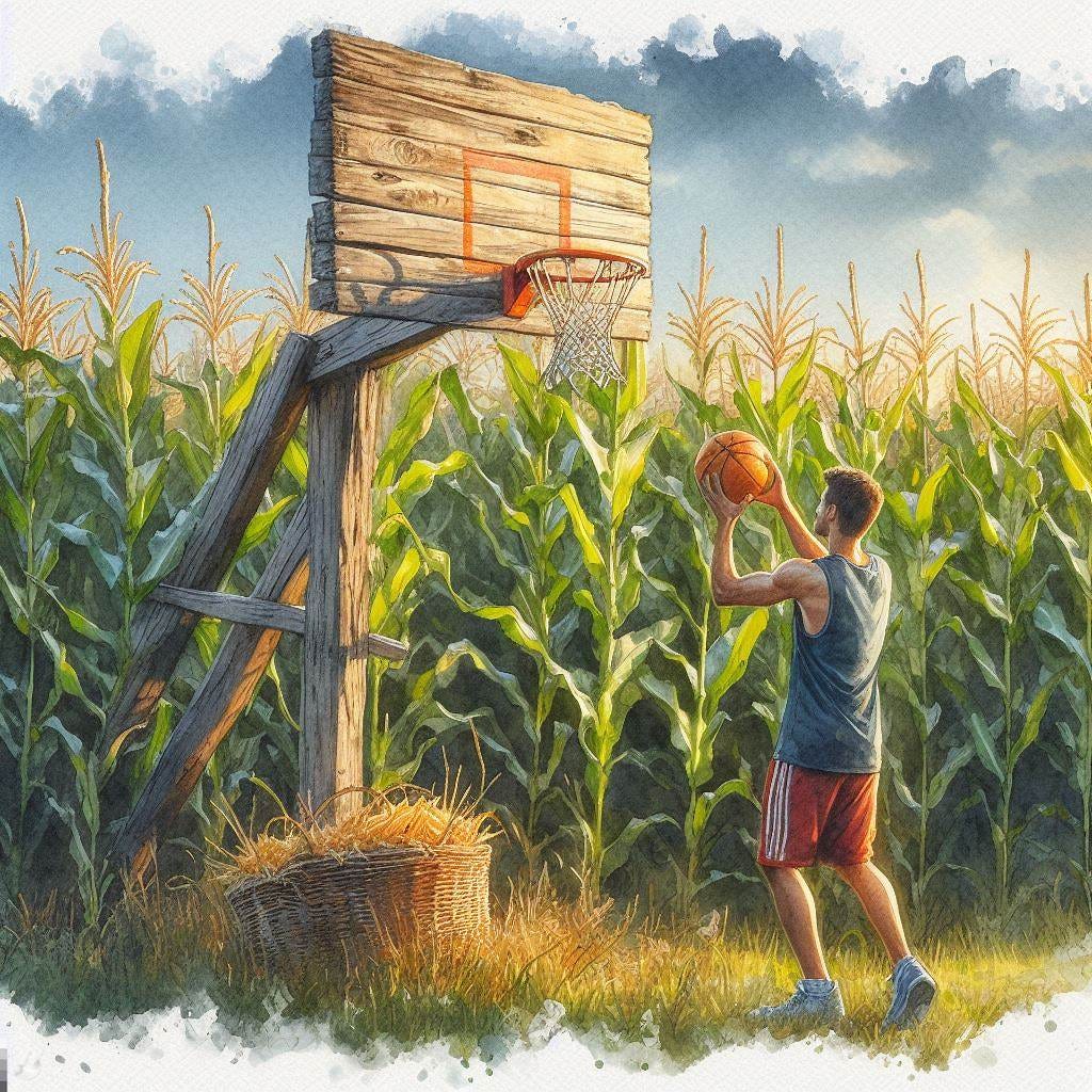 Basketball being played on a wooden goal in a corn field in Indiana, watercolor