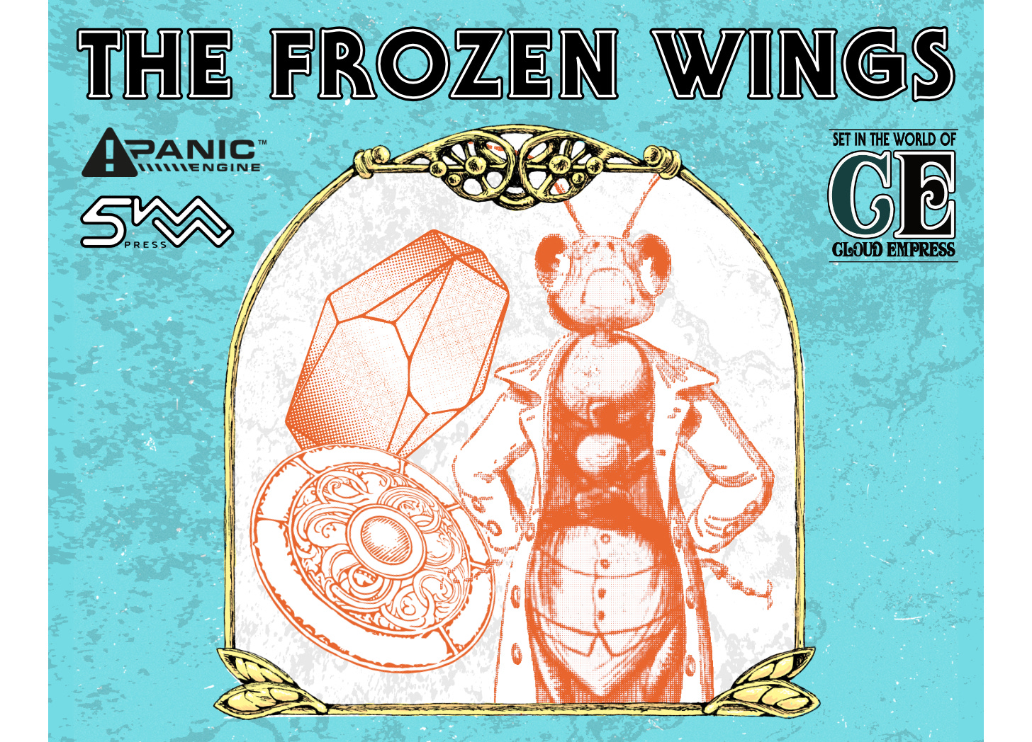 Hero image for The Frozen Wings. Blue frozen background and a decorated picture fram with a bug dude, a fancy ice crysal, and a Crest.