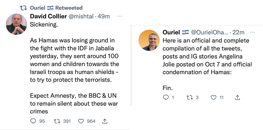 Two tweets on the Israel-Gaza situation, one condemning Hamas for allegedly using human shields, the other condemning Angelina Jolie for not condemning Hamas