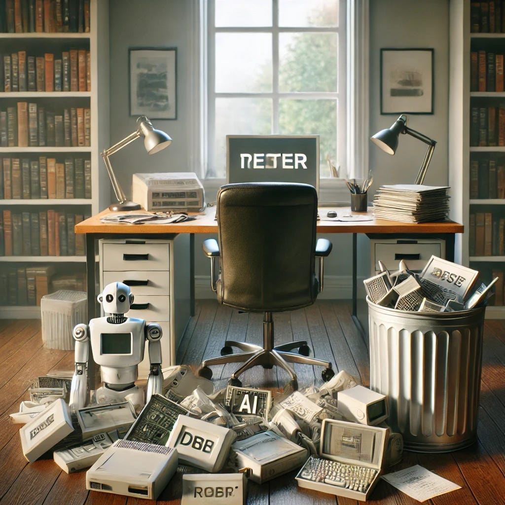 A photorealistic POV image from the perspective of the writer sitting at his desk. The scene shows a tidy desk with neatly stacked papers and a few pens, and a trash can placed on the floor beside the desk overflowing with clearly labeled old and obsolete AI products such as broken robots, outdated software discs, and malfunctioning electronic devices. The background includes a softly lit room with bookshelves and a window with natural light coming in