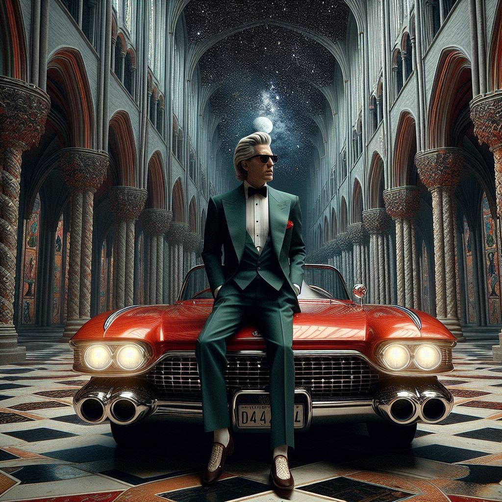 Hyper realistic; tilt shift, middle aged mad salt and pepper hair and glasses in a three piece suit with Italian shoes standing by a red xlr roadster cadillac. Flying buttresses, columns, grand staircase. tapestries, deep green velevet wall scaling. Quatrefoil. Portal to a dark night full of tiny stars pouring in.far away moon. Ethereal. Luminescent.