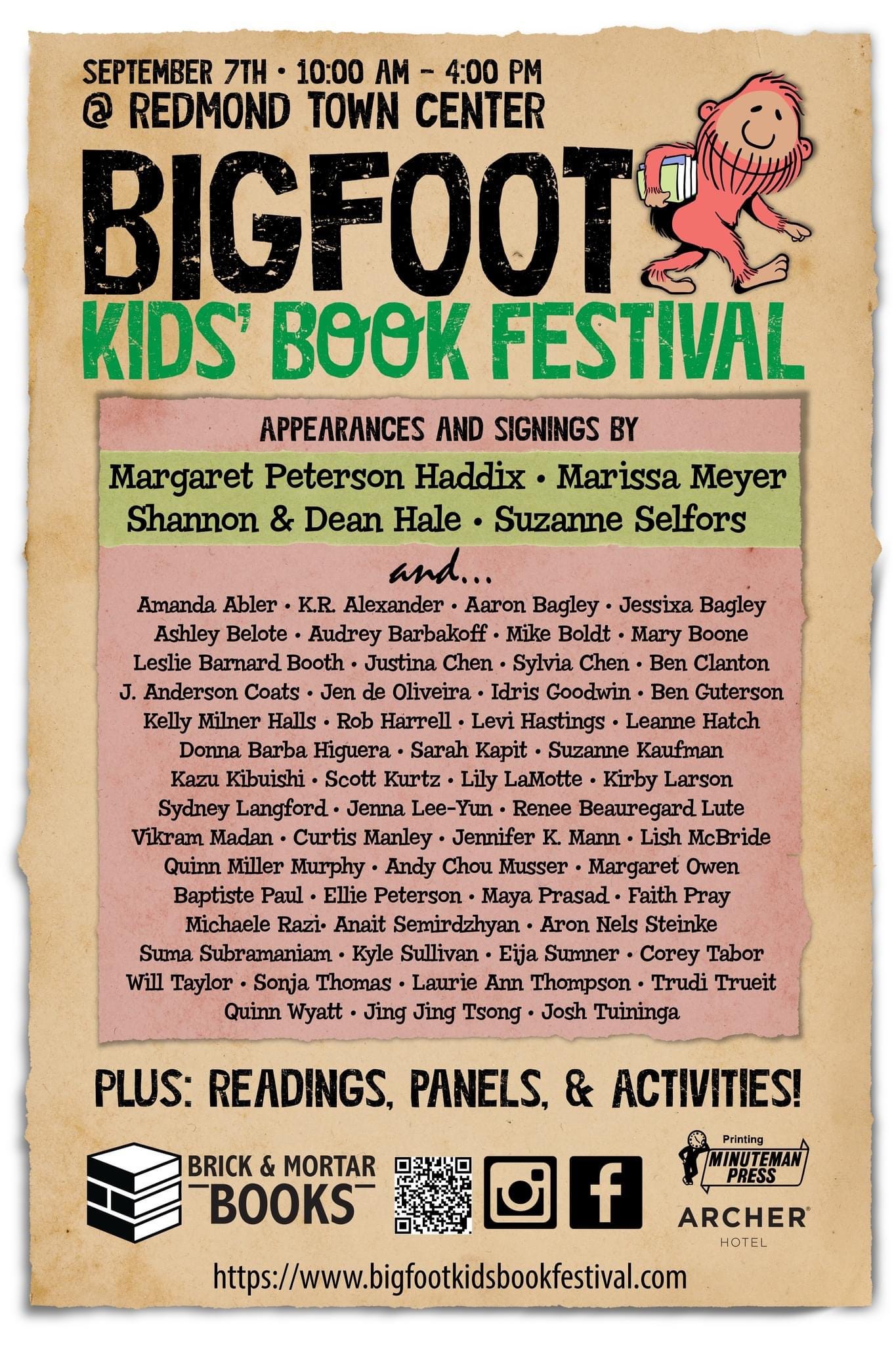 Bigfoot Kids’ Book Festival poster for September 7th from 10am- 4pm at the Redmond Town Center