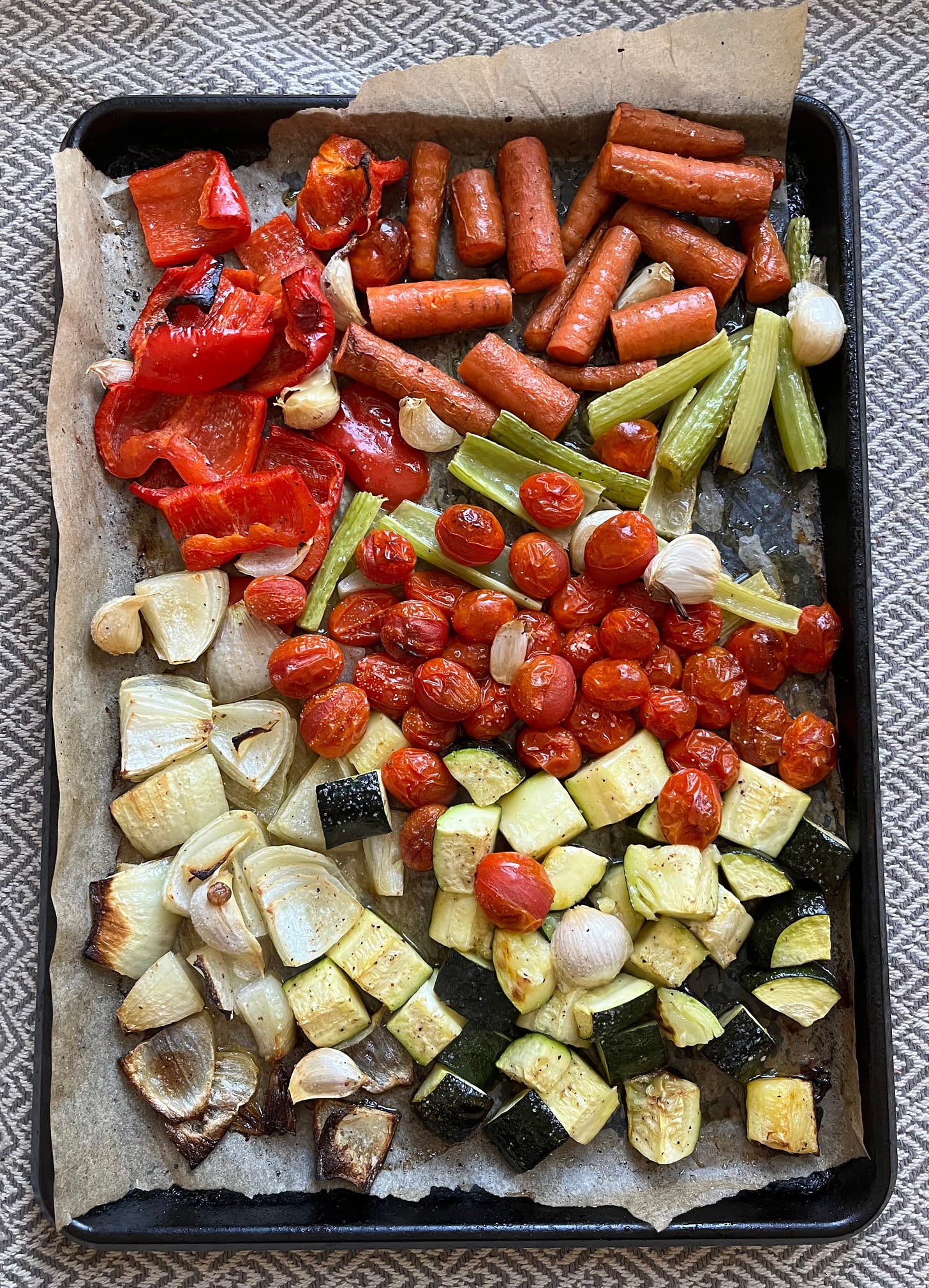 Tray of roasted vegetables.
