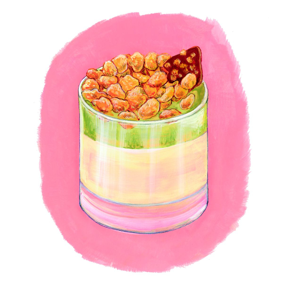 An illustration of a pandan panna cotta topped with corn flakes