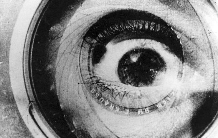 The Kino Eye: A superimposition of a film camera lens and a human eye from Dziga Vertov's Man With the Motion Picture Camera