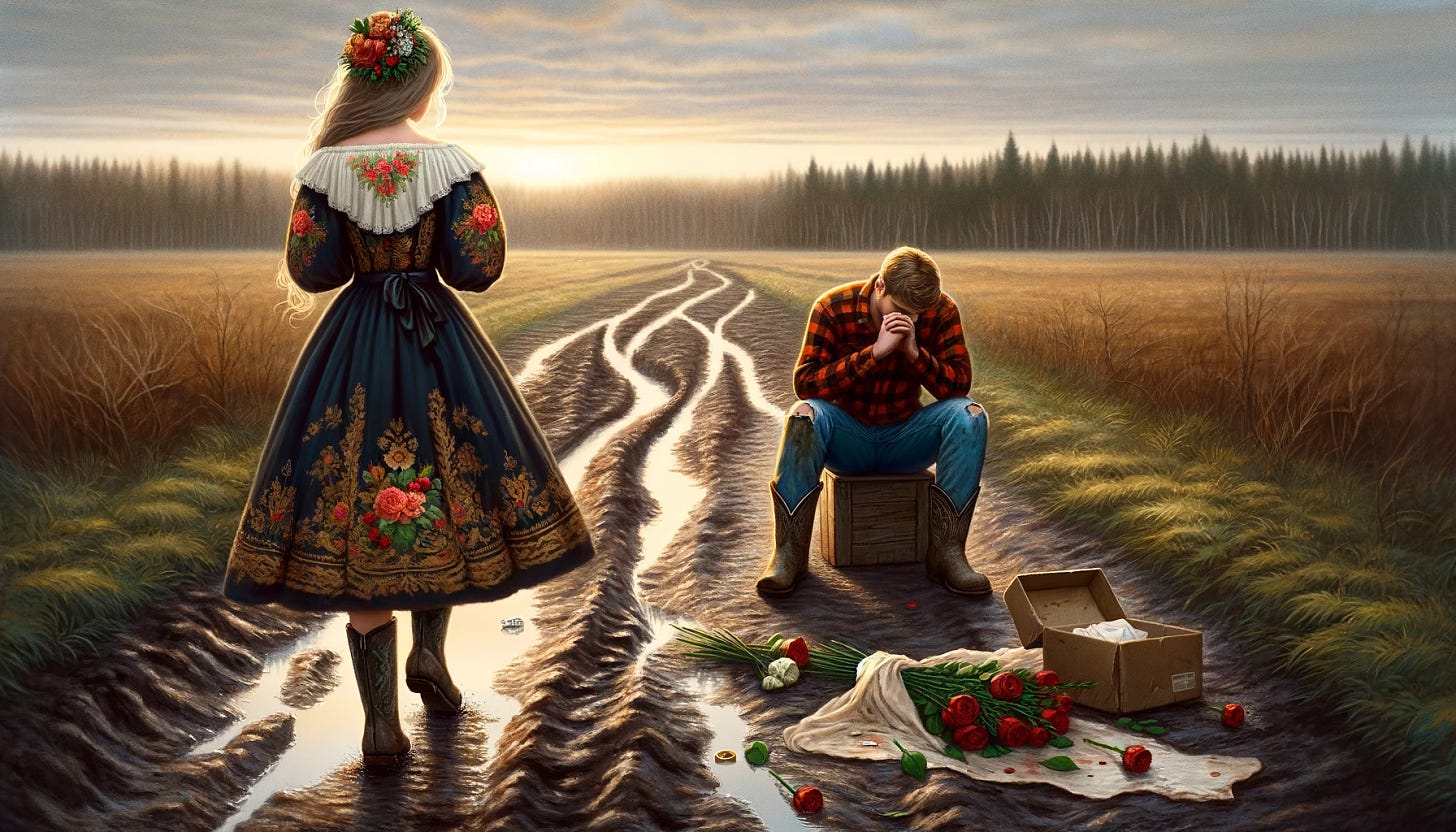 Illustrate a poignant scene in a rustic outdoor setting where a young woman dressed in traditional Russian attire is walking away, her back turned towards an American 'redneck' country boy. The country boy is left behind, sitting on the ground, his face buried in his hands as he cries. Around him, his gifts, including a wilted bouquet of flowers and a small, opened box that once held a ring, lie neglected on the muddy ground, signifying his rejected proposal. The scene conveys a strong sense of disassociation and finality, with the woman distancing herself, moving decisively away from the scene of rejection amidst the tranquil countryside landscape.
