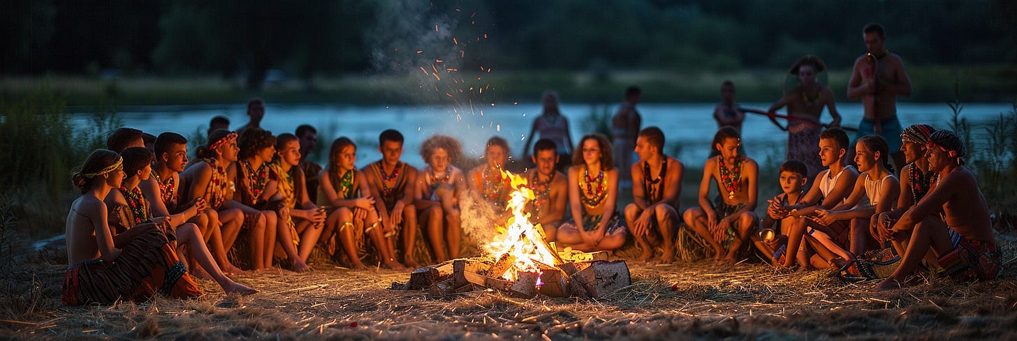 Group of people sitting around a campfire at night, wearing traditional attire and engaging in conversation.