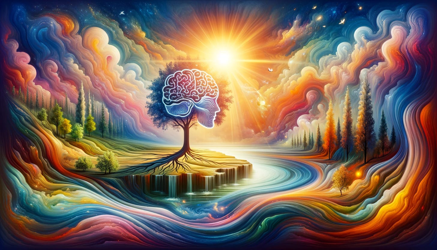Wide image depicting the concept of 'Knowing as a form of emotion'. Visualize a serene, intellectual landscape, blending elements of nature, emotion, and knowledge. Integrate symbolic imagery such as a tree with roots shaped like a brain, a serene river of thoughts flowing through, a bright sun of enlightenment in the sky, and emotive colors reflecting the warmth of knowledge and understanding. This image should evoke a sense of peace, curiosity, and intellectual depth.