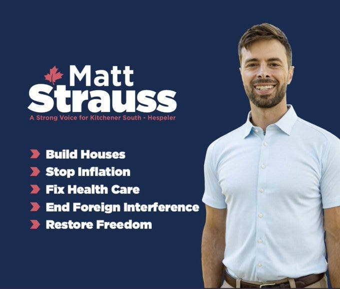 Image: Matt Strauss' campaign graphic, claiming he will "build houses, stop inflation, fix health care, end foreign interference, and restore freedom"