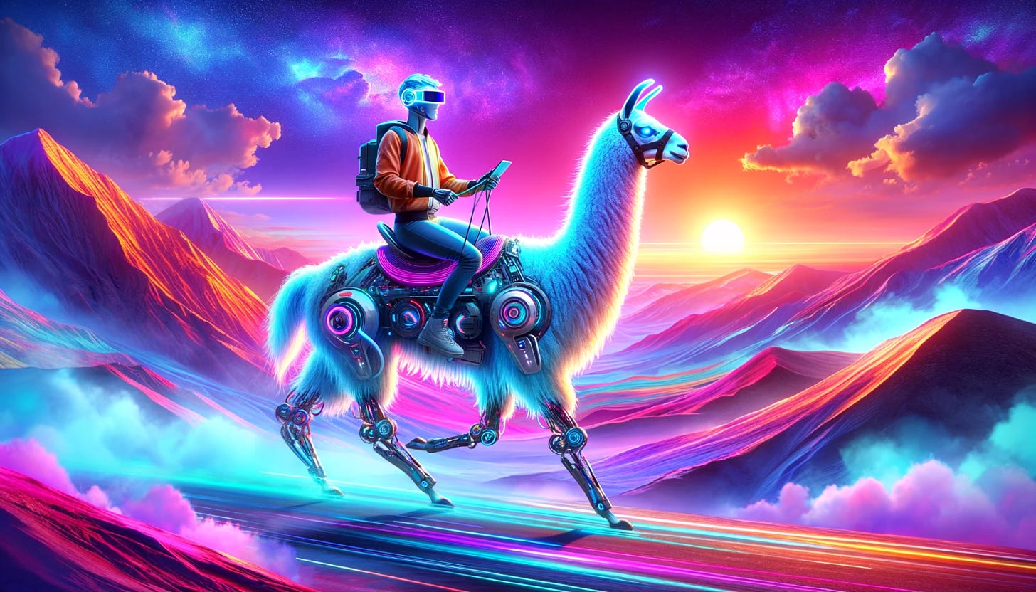 A vibrant and colorful futuristic scene in a 16:9 ratio, featuring a tech CEO riding a llama with subtle mechanical elements. The llama retains a natural look but has minimalistic robotic enhancements. The setting features a bright, surreal landscape with vivid colors, contrasting the earlier stormy ambiance. The rider, resembling a tech CEO, wears a bright and stylish outfit, enhancing the lively and dynamic atmosphere of the image.
