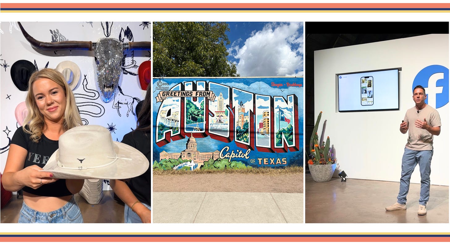 Three images from Facebook IRL. On the left a woman holding a cowboy hat. In the middle an Austin mural. On the right Tom Alison the head of Facebook