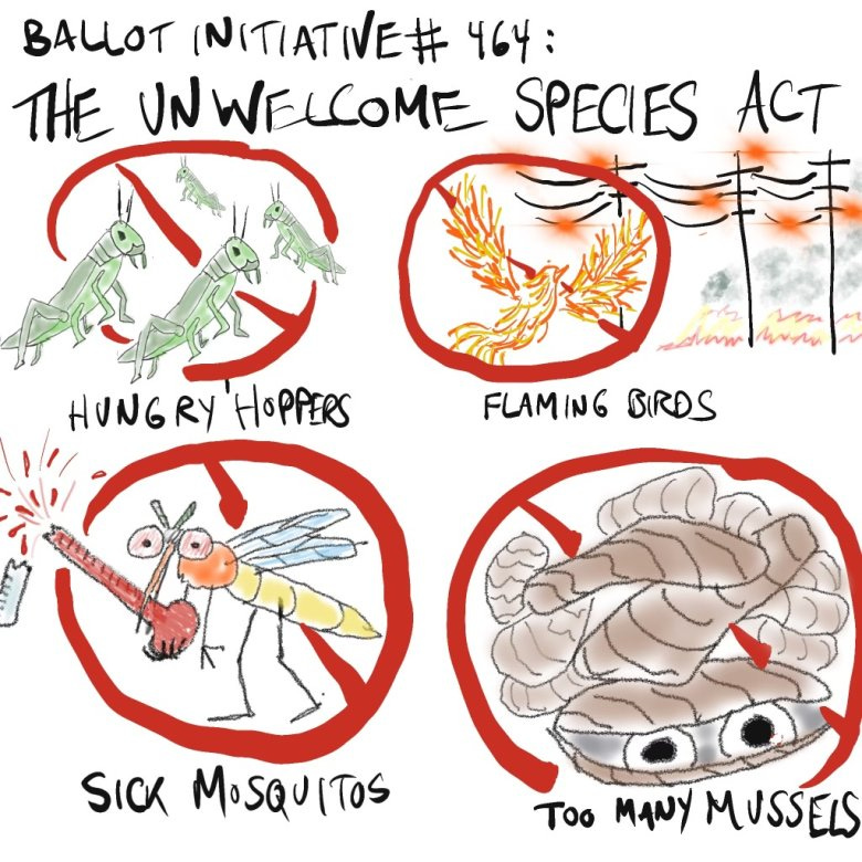 A cartoon drawing of species we wish we didn't have including invasive zebra mussels, mosquitos infected with West Nile disease, birds on fire due to power lines and grasshoppers