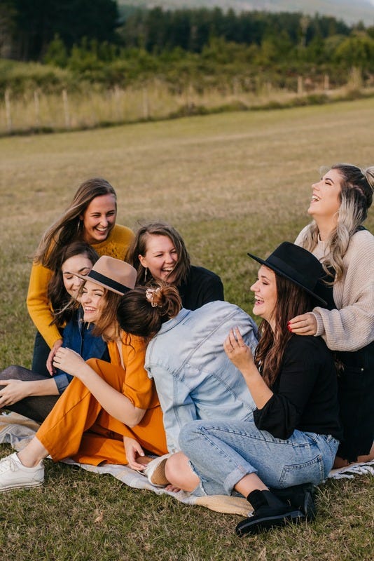 Laughing friends having fun at picnic