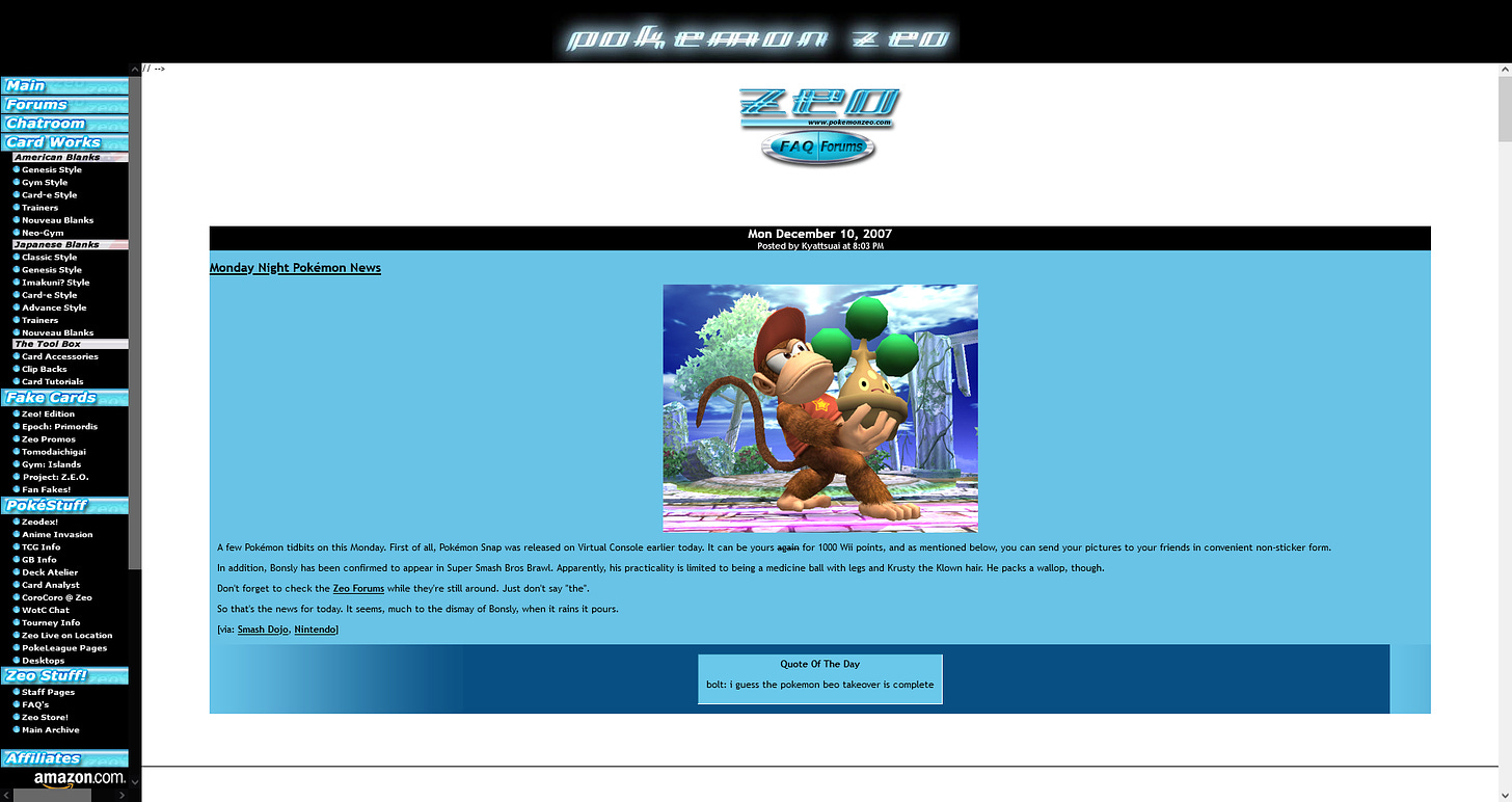 The Pokémon Zeo! website in December 2007