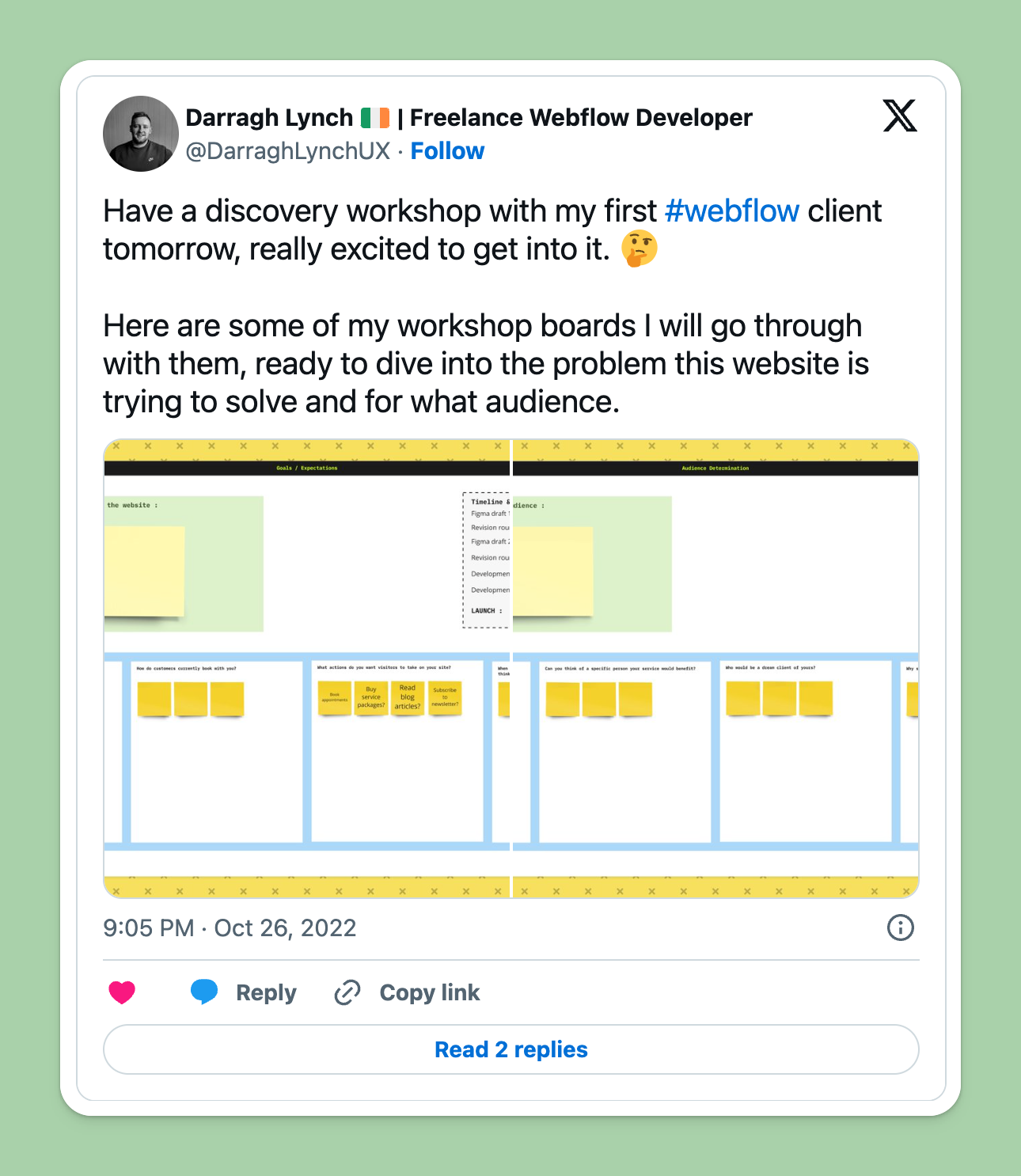 Tweet by Darragh Lynch on his workshop board for running intro client call.
