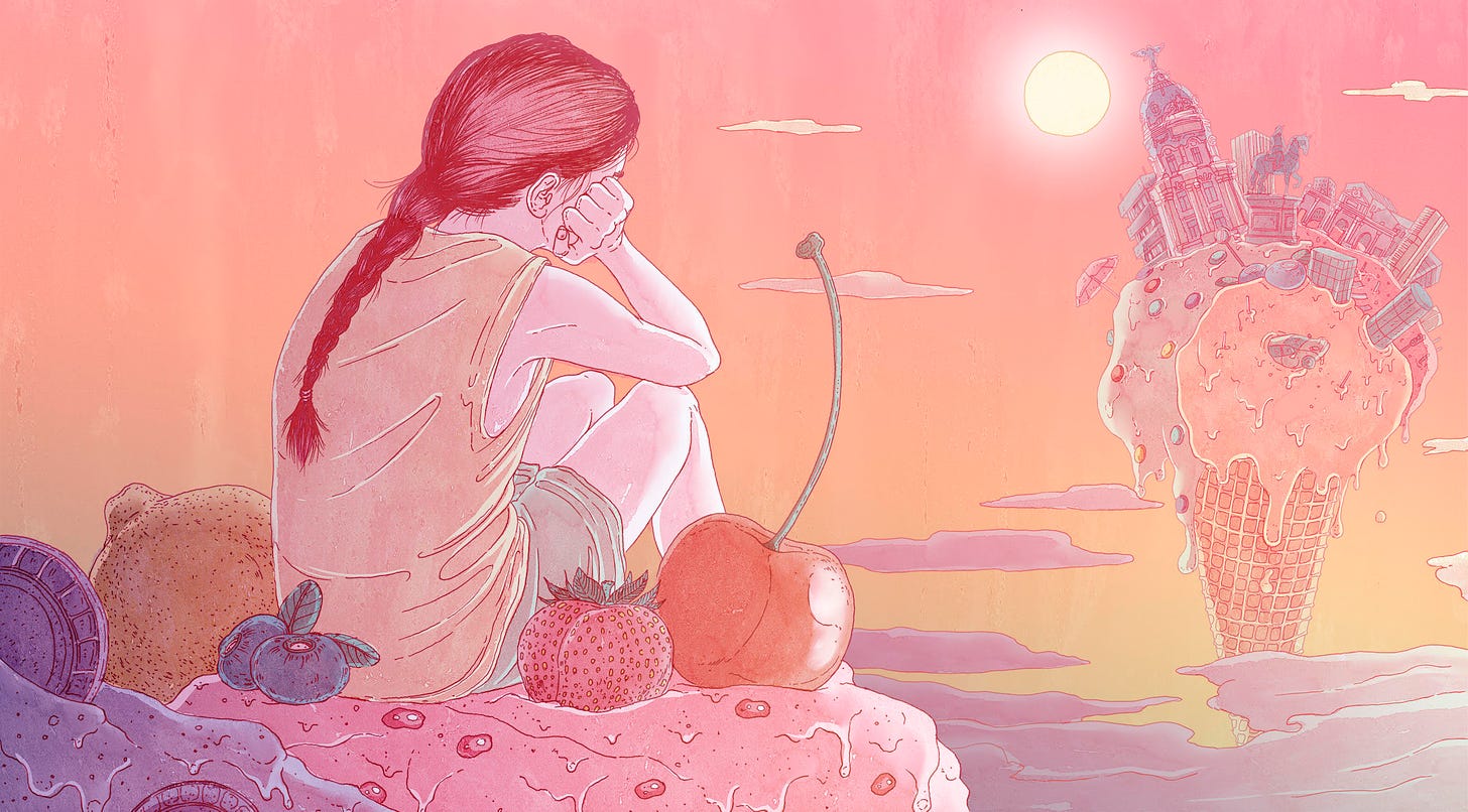 Illustration of a girl sat on a large pile of fruit in the clouds staring at a huge ice cream cone in the sky. The image has pink, orange and purple hues.