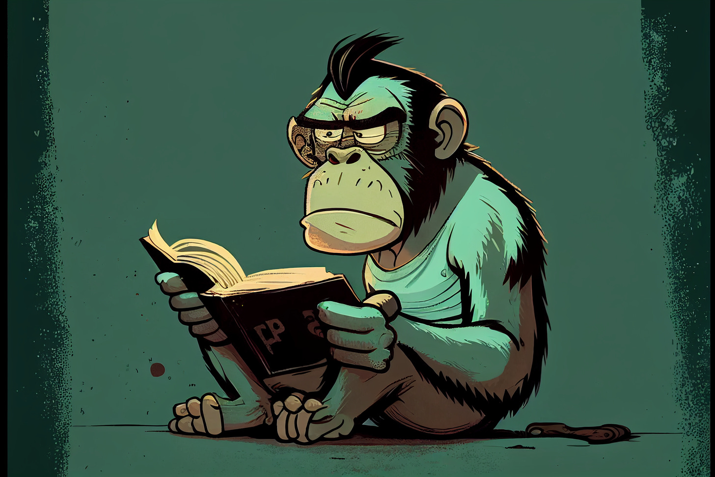 a silly angry monkey reading a book, illustrated style,