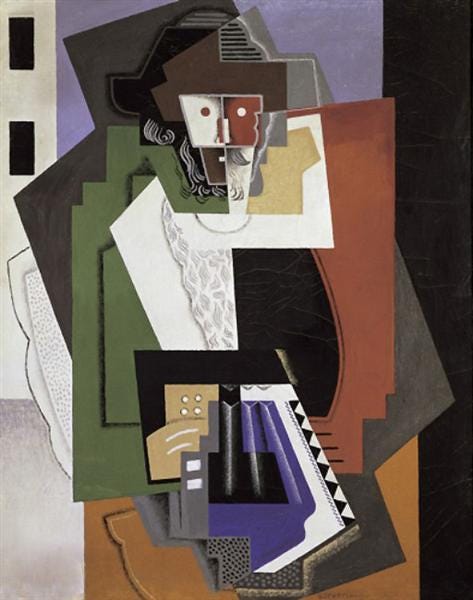 A cubist painting of a bearded man playing a purple accordion, "The Accordion Player," Gino Severini, 1919