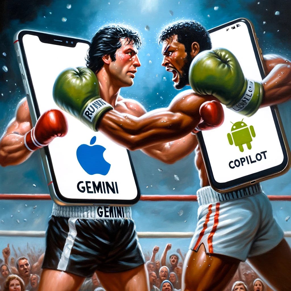 Create a satirical painting of an anthropomorphic Apple iPhone and an Android phone as boxers in a ring, about to punch each other. The iPhone's screen should clearly display the word 'Gemini', and the Android's screen should clearly show 'CoPilot'. The pose and atmosphere should mimic the closing scene in Rocky, where Rocky and Apollo Creed are about to hit each other. The overall scene should be transformed into a painting, capturing the dynamic tension and imminent clash between the two, with clear and prominent text on both devices.