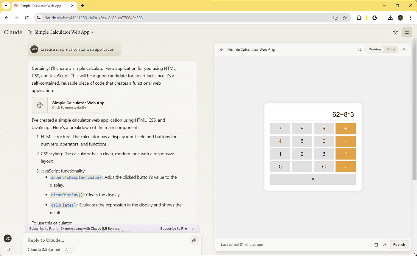 Claude Artifacts Prompt: Create a simple calculator web application