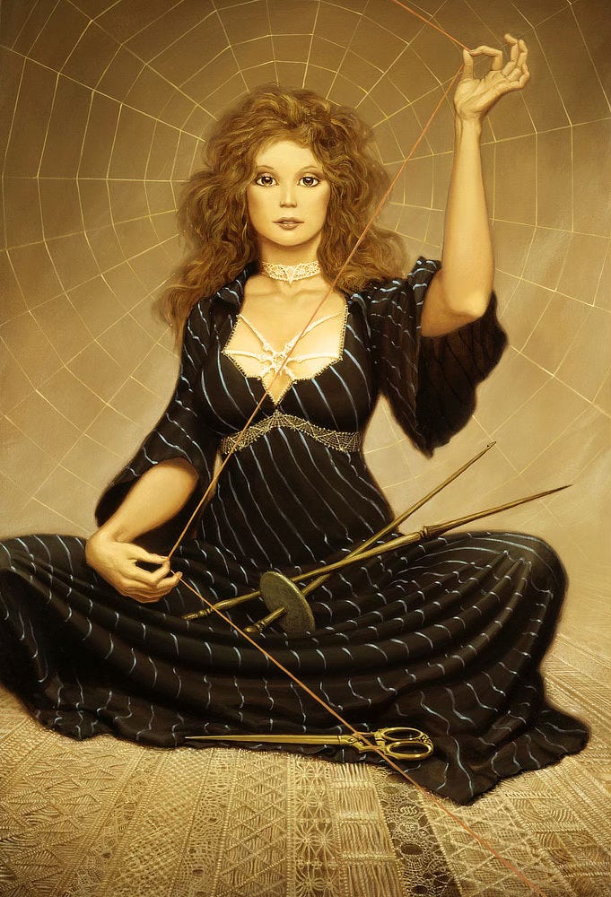 A woman in an elegant black dress with diagonal pinstripes sits measuring a "thread of life" drawn to a narrow Z-shape extending from her lap to above her head. Behind her, reflected in golden light, is a spider web with the center focus leading to her overly large amber eyes. Her copper-blonde hair falls past her shoulders, framing her face in unruly waves, a contrast to the delicate gradations of her makeup. A white lace choker wraps low on her neck. The deep spread of her neckline is held together by support that resembles a white spider with its legs bridging the wide gap. Gold lace structures and lifts her bust-line. Her legs are folded in front of her covered by her long dress, and in her lap rests a pair of slender spindles and a long pair of shears with finger holes that resemble the eyes on a skull. Beneath her is a macrame rug with many contrasting patterns.