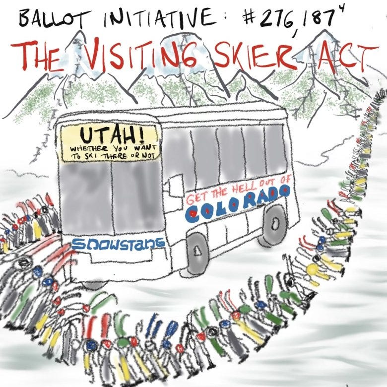 A cartoon drawing of a long line of skiers being herded into a bus headed for Utah