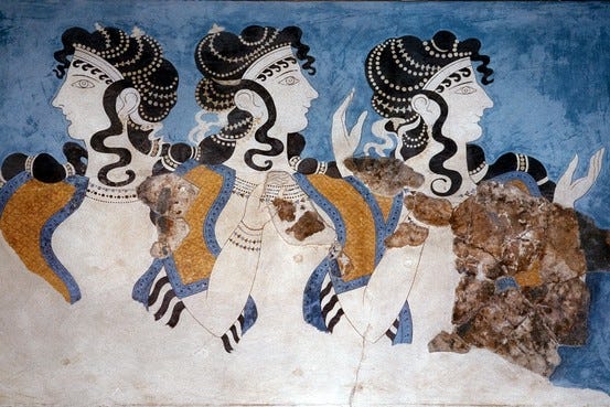 Knossos "Blue Ladies" fresco showing three Minoan women with fancy long hairdos and open-front tops
