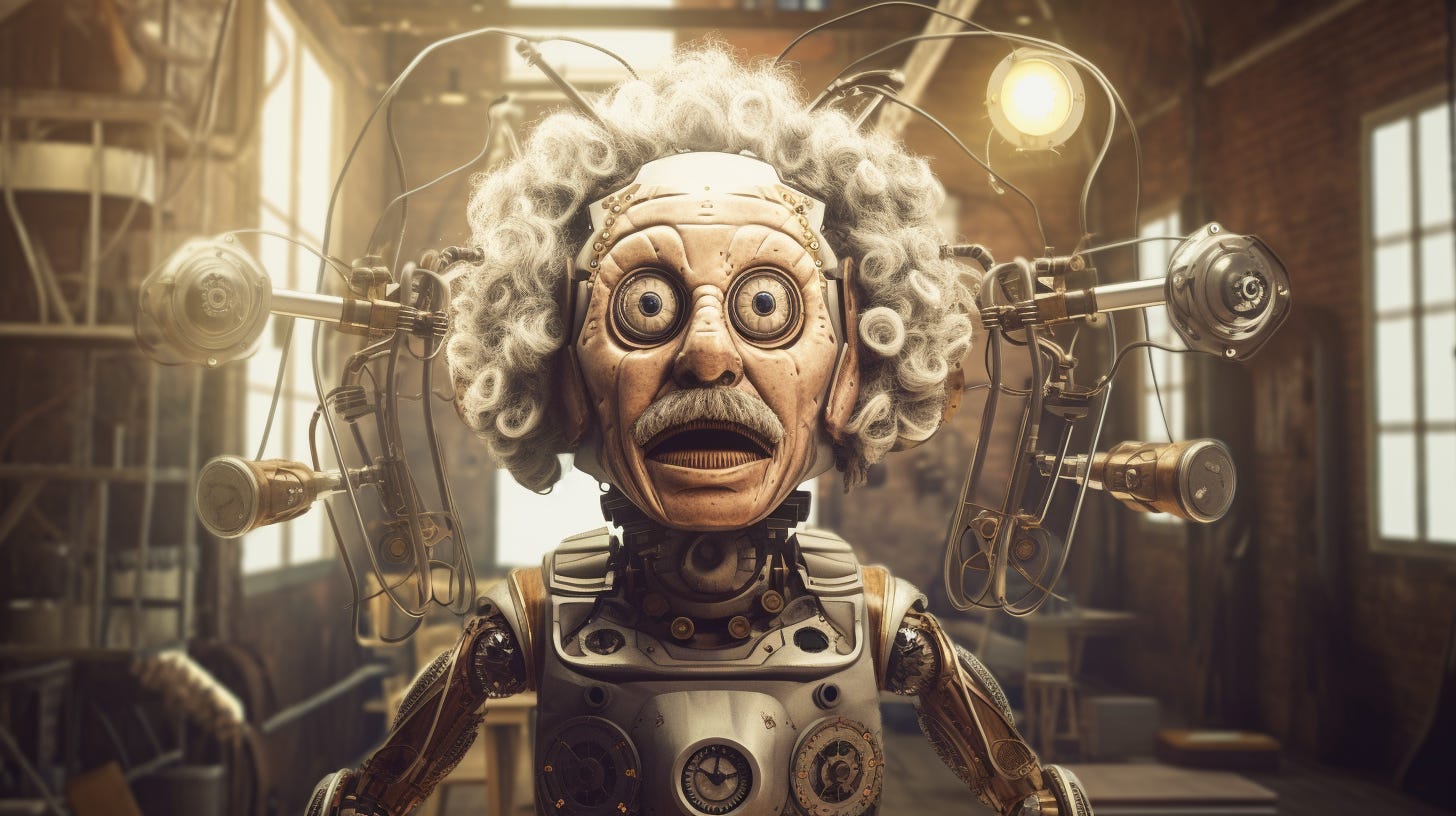 A robot with a head resembling Albert Einstein. Generated by Dan Taylor-Watt using Midjourney