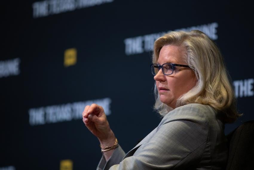 U.S. Rep. Liz Cheney, R-Wyoming, speaks with Tribune CEO Evan Smith during the closing keynote at The Texas Tribune Festival in Austin on Sept. 24, 2022.