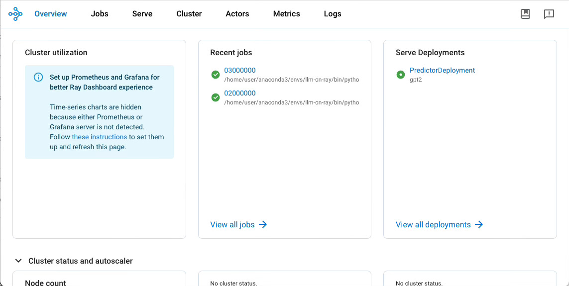 The Ray.io Server Dashboard: you should see something similar.