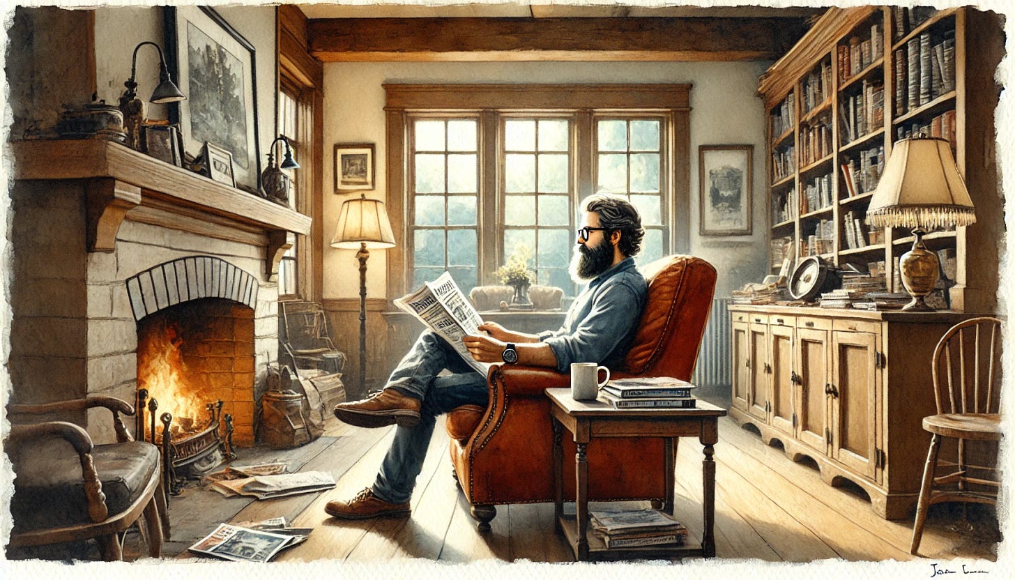 A detailed watercolor of a middle-aged man with a full beard and glasses, sitting in a cozy living room facing away from the viewer as he reads periodicals. The room has a warm, rustic feel with natural wood furniture, a fireplace, and soft, dim lighting. The man sits comfortably in a leather chair, facing a large window that lets in natural light. He is surrounded by bookshelves filled with magazines and books. A coffee mug rests on a nearby wooden table. The peaceful atmosphere evokes a reflective and calm mood in the watercolor painting.