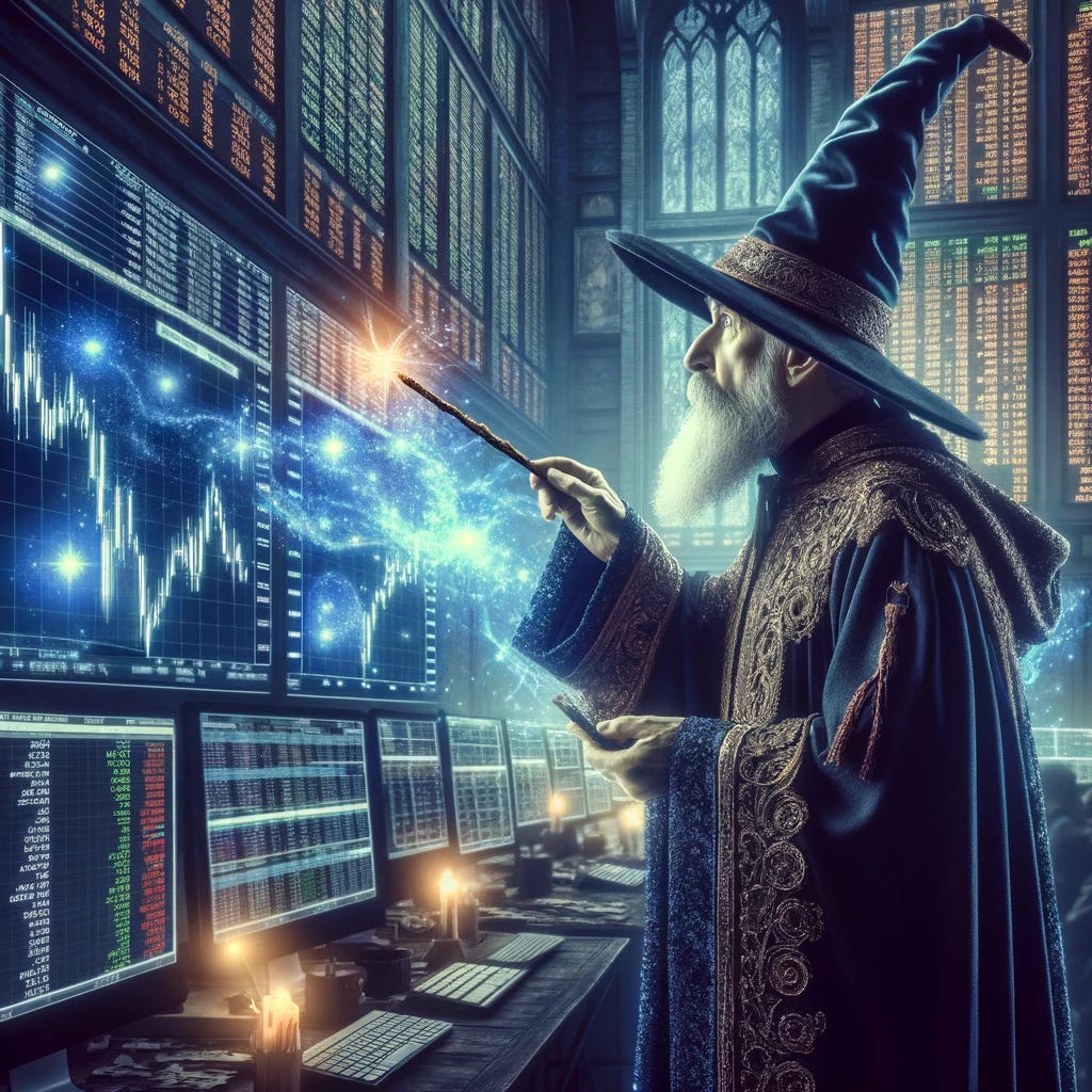 An imaginative scene of a wizard in a traditional wizard's robe and hat, standing in a bustling stock market environment. The wizard is intently looking at a large screen displaying stock market data, with a magical wand in one hand. He is in the process of placing a trade, with a mystical glow emitting from his wand, suggesting the use of magic. The stock market around him is filled with traders and monitors, creating a blend of fantasy and modern finance.