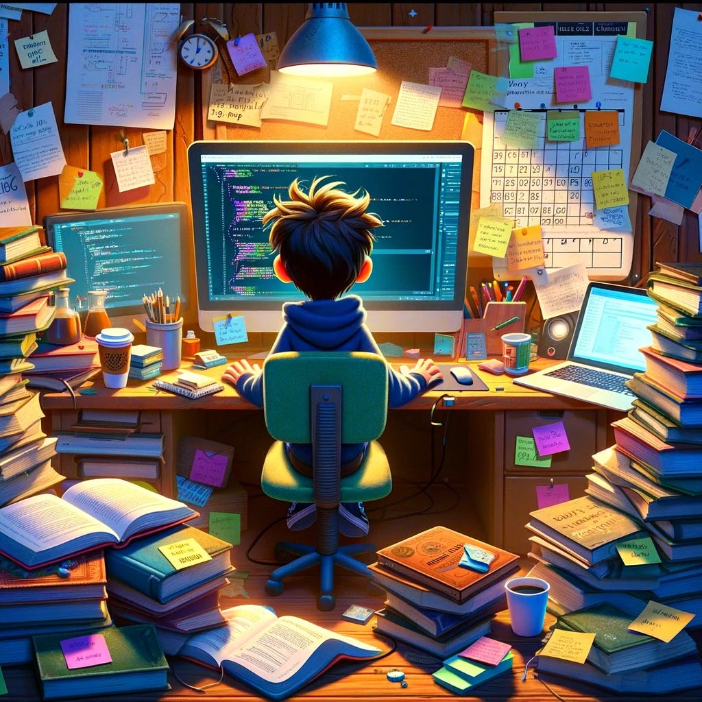 Developer sitting at crowded desk surrounded by piles of books