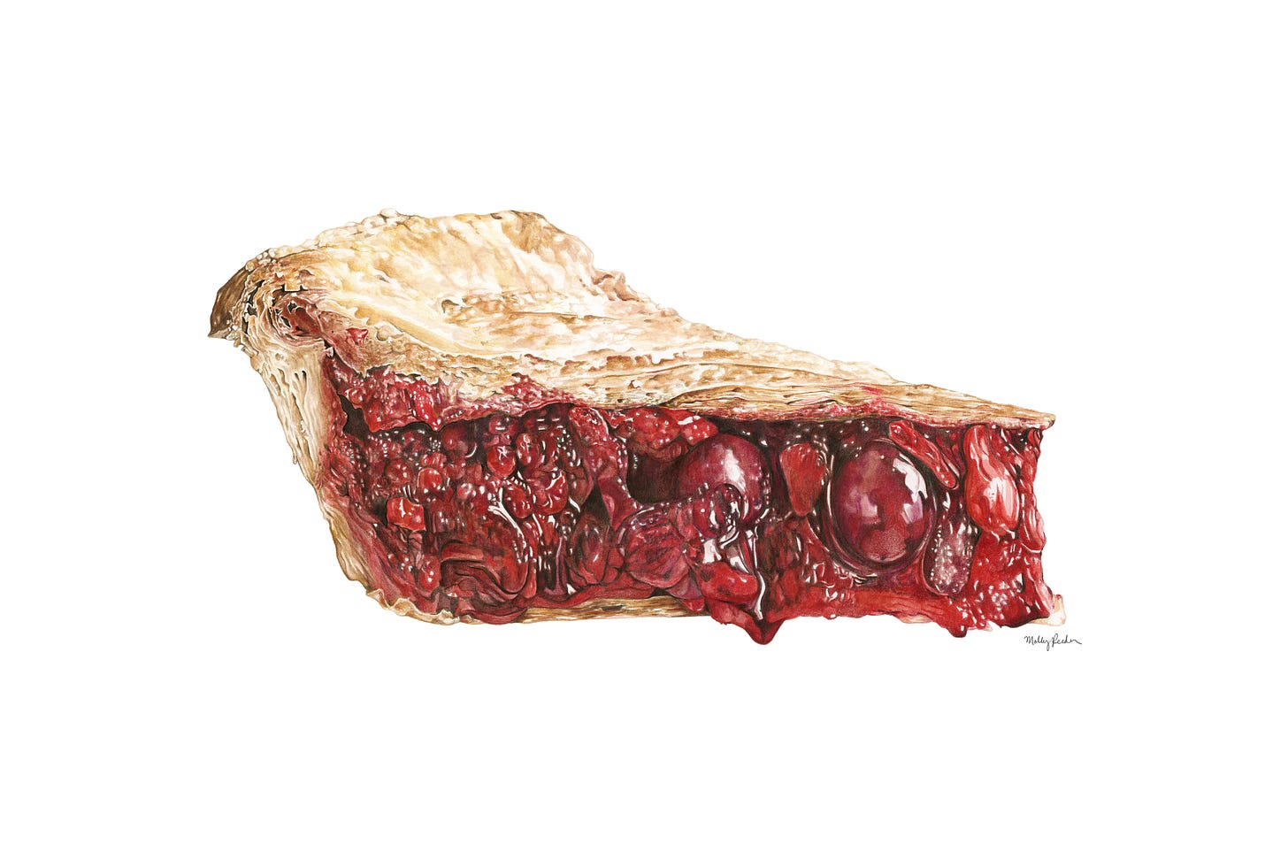 A slice of juicy cherry pie, painted in watercolor