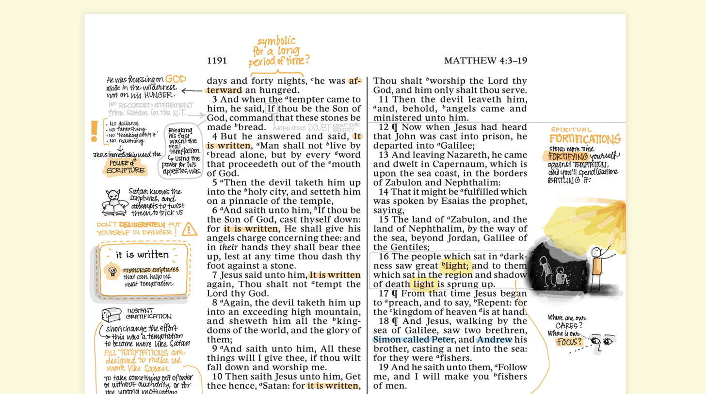 A digital page of the Bible sits on a pale yellow background. The text is from Matthew chapter 4, and around the edges are the author’s hand drawn annotations.