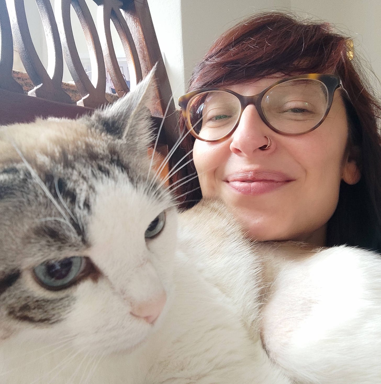 Elena vicino a un gatto bianco e grigio con bellissimi occhi azzurri: è Leo.