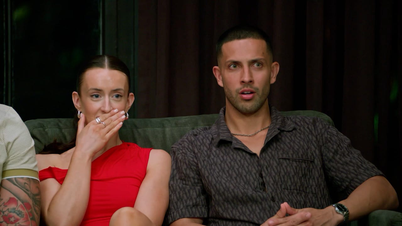 Beth and Teejay are shocked listening to another couple of the MAFS couch. 