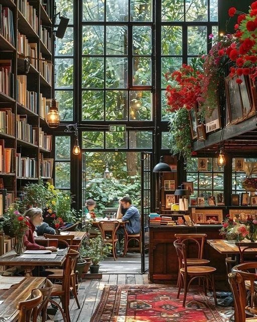 This may contain: people sitting at tables in a library with lots of bookshelves and plants hanging from the ceiling