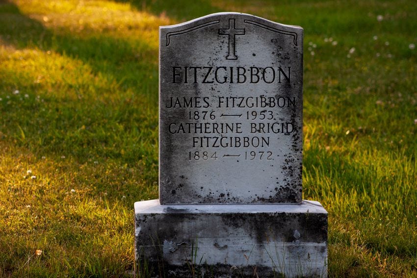 Photo of gravestone

FITZGIBBON
JAMES FITZGIBBON
1876-1953
CATHERINE BRIGID 
FITZGIBBON
1884-1972

https://www.findagrave.com/memorial/208446645/catherine-brigid-fitzgibbon
https://www.findagrave.com/memorial/208446605/james-fitzgibbon

This work © 2023 by Brad McKay is licensed under Attribution-NonCommercial-NoDerivatives 4.0 International

https://creativecommons.org/licenses/by-nc-nd/4.0/