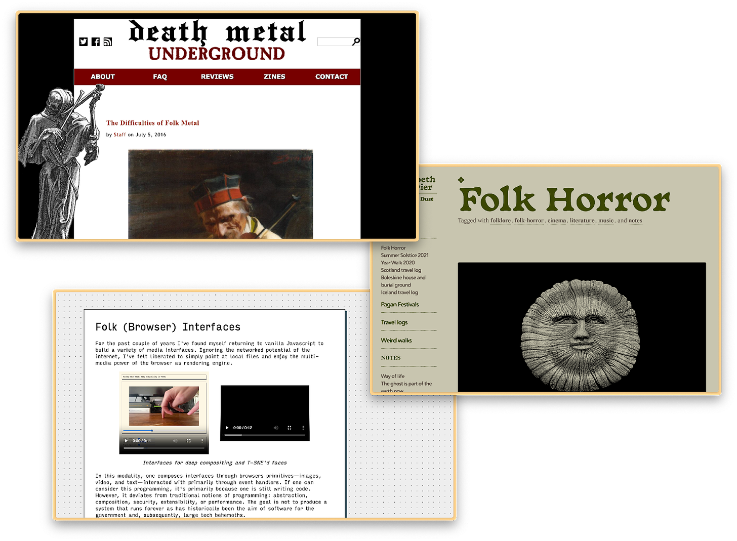 a collage of screenshots from a death metal underground website, a folk horror website, and a folk browser interfaces post